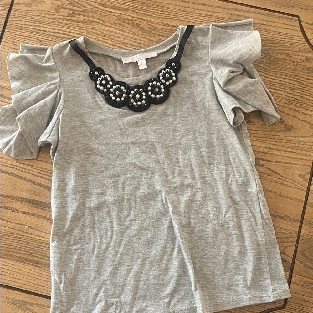 Gray Kids Blouse with Black Floral Detail